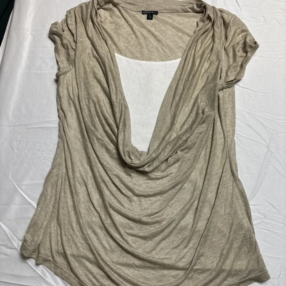 Lafayette 148 Women Size XL Deep Cowl Neck Short Sleeve  Shirt Y2K Layer Top - Picture 4 of 8